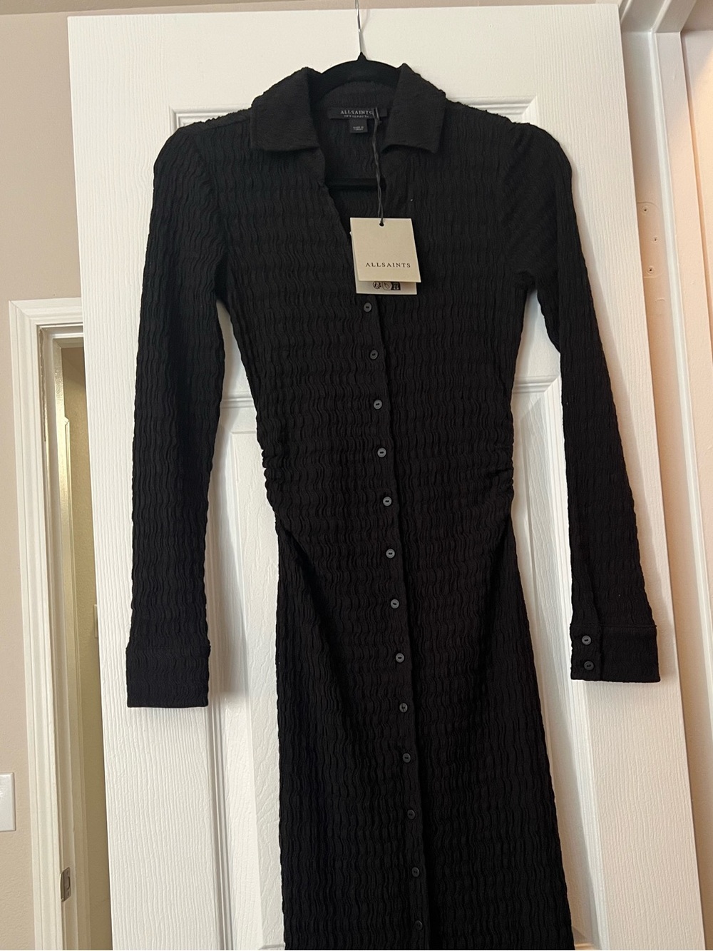 AllSaints Black Long-Sleeve Button Midi Dress